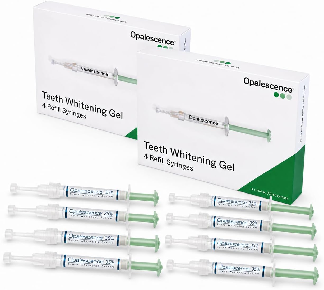 Highlights the full 8-syringe refill format and brand presentation, making it clear this is a tray whitening gel product rather than strips or a light kit.