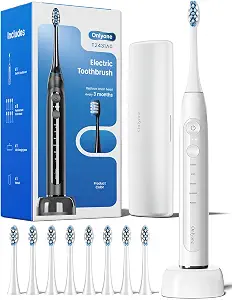 Onlyone Electric Toothbrush For Adults, Rechargeable Electric Toothbrush With 8 Brush Heads, Travel Case, Charging Base & Wireless Charging - 5 Modes With Smart Timer, White