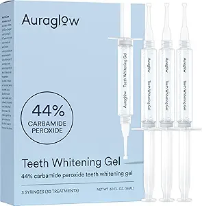 Auraglow 44% Teeth Whitening Gel For Trays, Retainers & Aligners – Dentist Strength Carbamide Peroxide Whitener, 30 Treatments, 3 Syringes (5Ml)