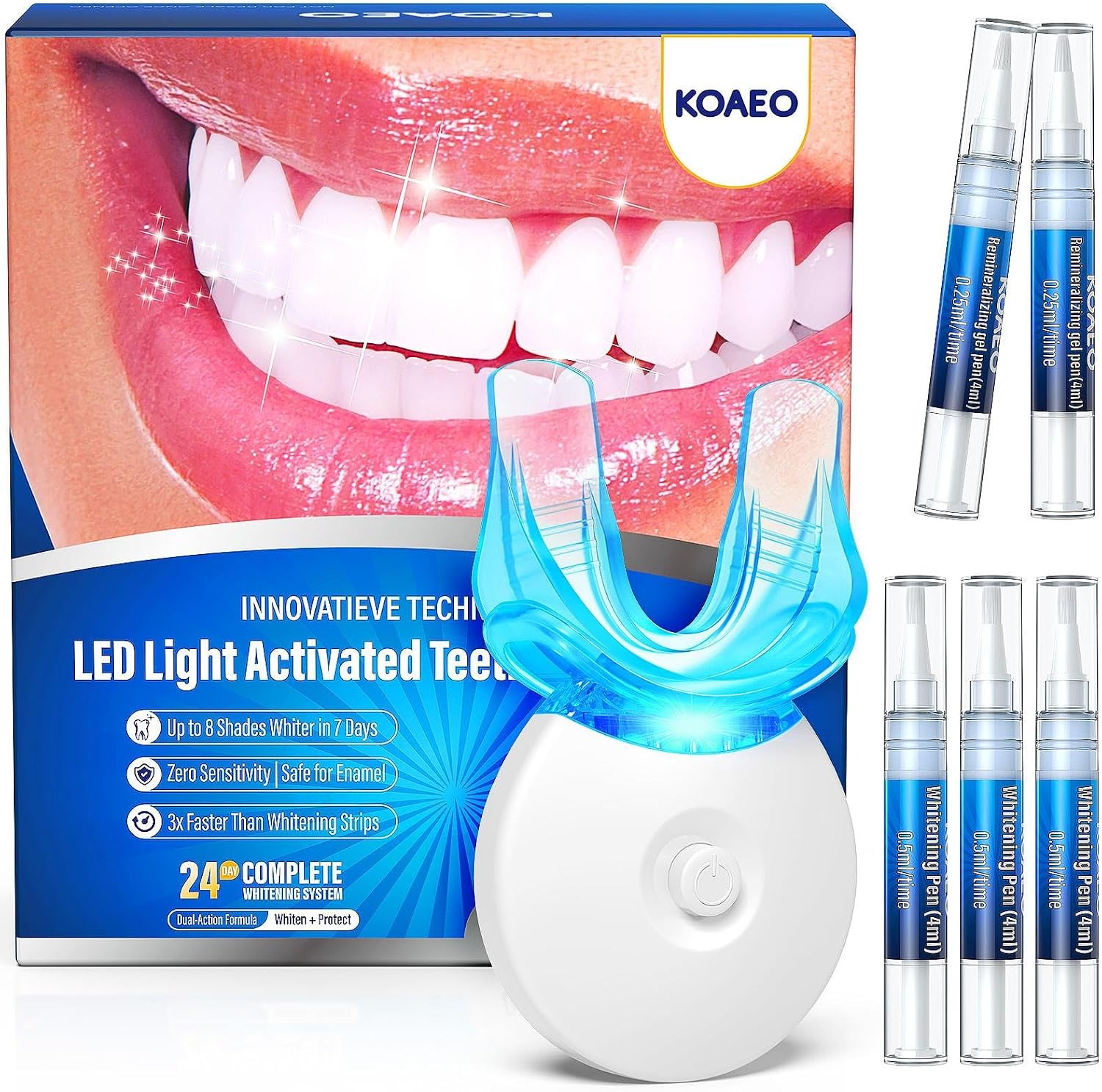 Highlights the full kit value, brand presentation, and the fact that this is a bundled whitening system rather than a single pen.