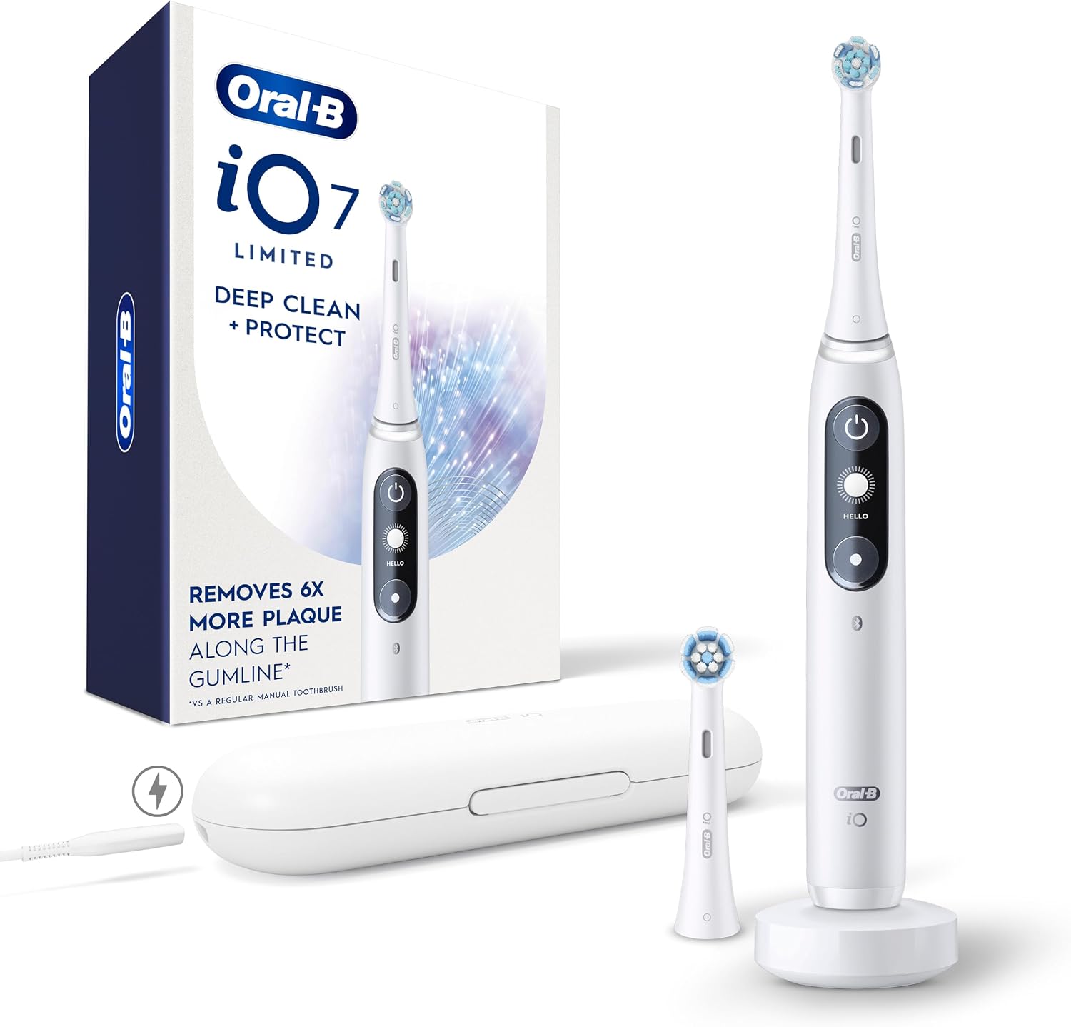 Oral-B Rechargeable Electric Toothbrush, Io7 Limited Deep Clean + Protect, 5 Cleaning Modes, Interactive Display, Visible Pressure Sensor, 2 Brush Heads, Charging Travel Case, White