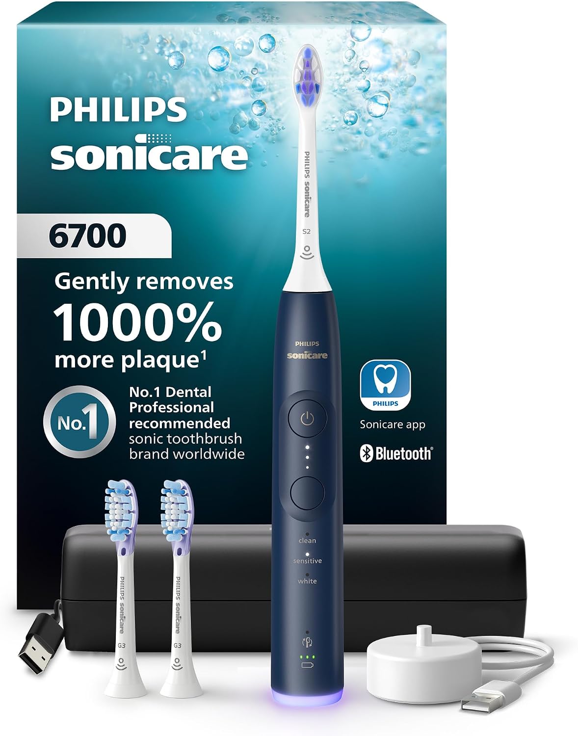 Philips Sonicare 6700 Rechargeable Electric Toothbrush, 3 Brush Heads, Navy
