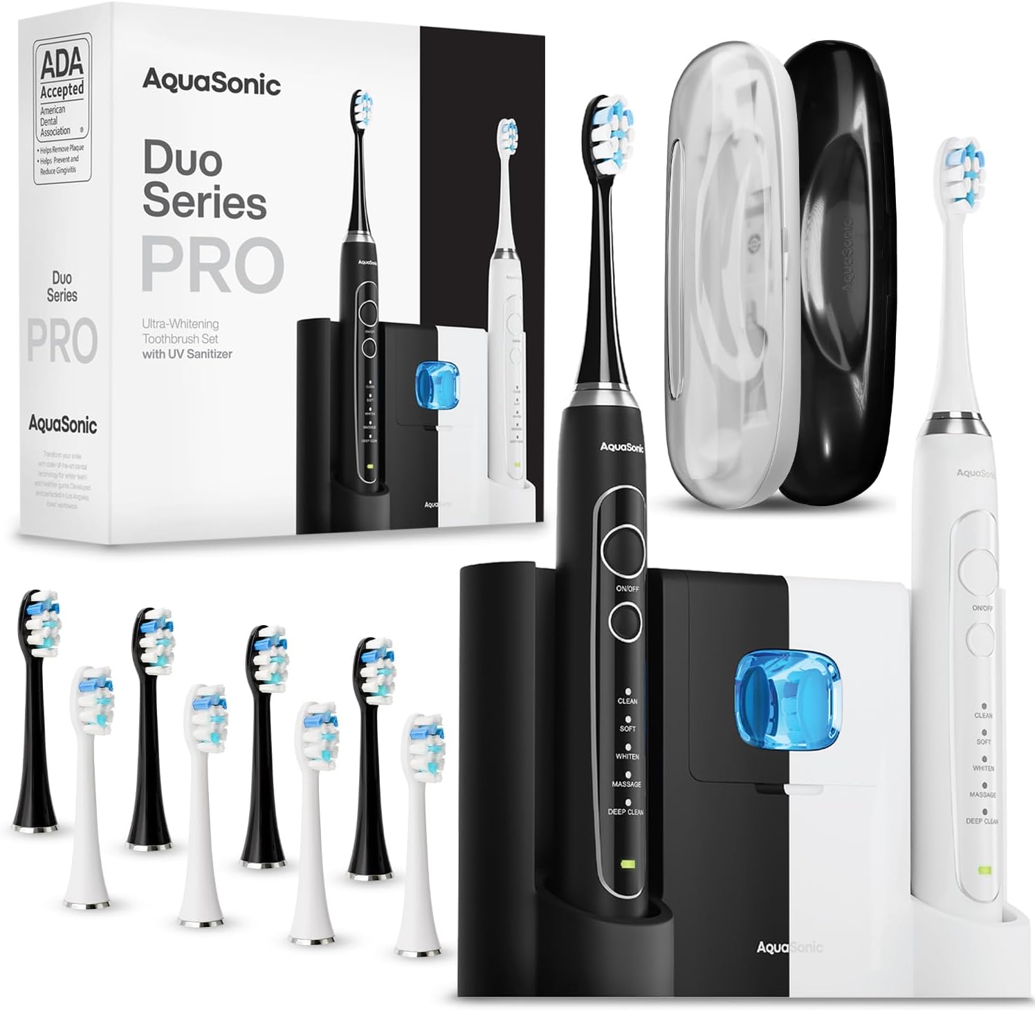 Highlights the full kit, premium presentation, and the dual-handle setup with UV charging base.