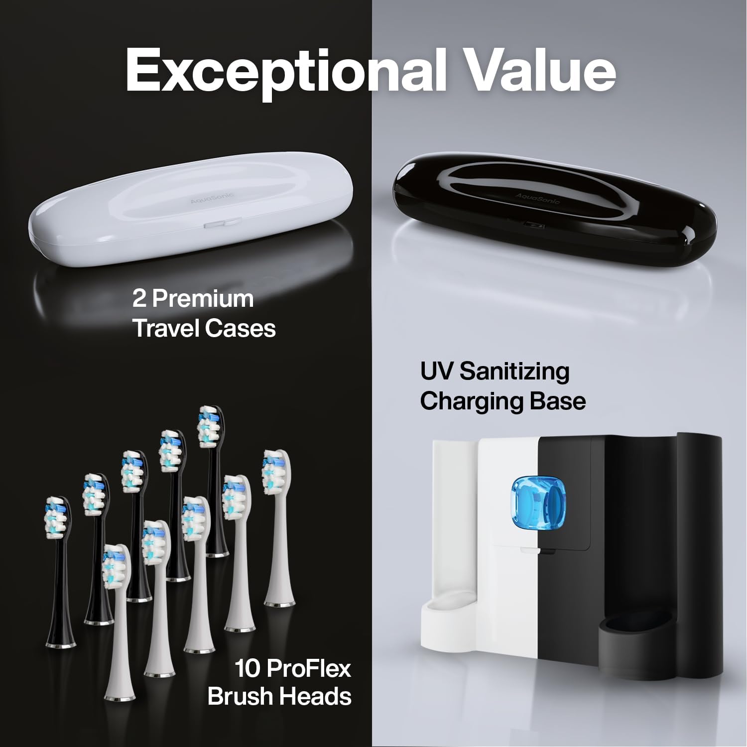 Aquasonic Duo Series Pro Uv - Ada Accepted Electric Toothbrushes With Uv Sanitizer - Inductive Charging Base - 5 Modes With Smart Timers - 10 Proflex Brush Heads & 2 Travel Cases