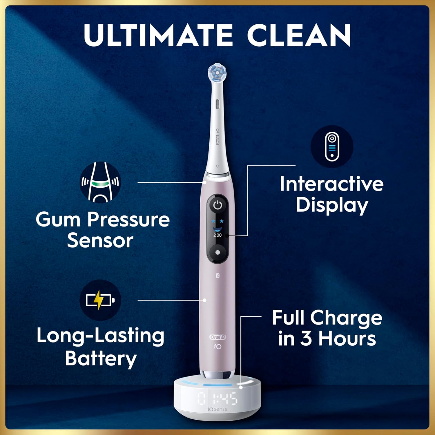 Oral-B Rechargeable Electric Toothbrush, Io9 Limited Ultimate Clean, 7 Cleaning Modes, Interactive Display, Isense Charger, Charging Travel Case, Visible Pressure Sensor, 3 Brush Heads, Rose Quartz