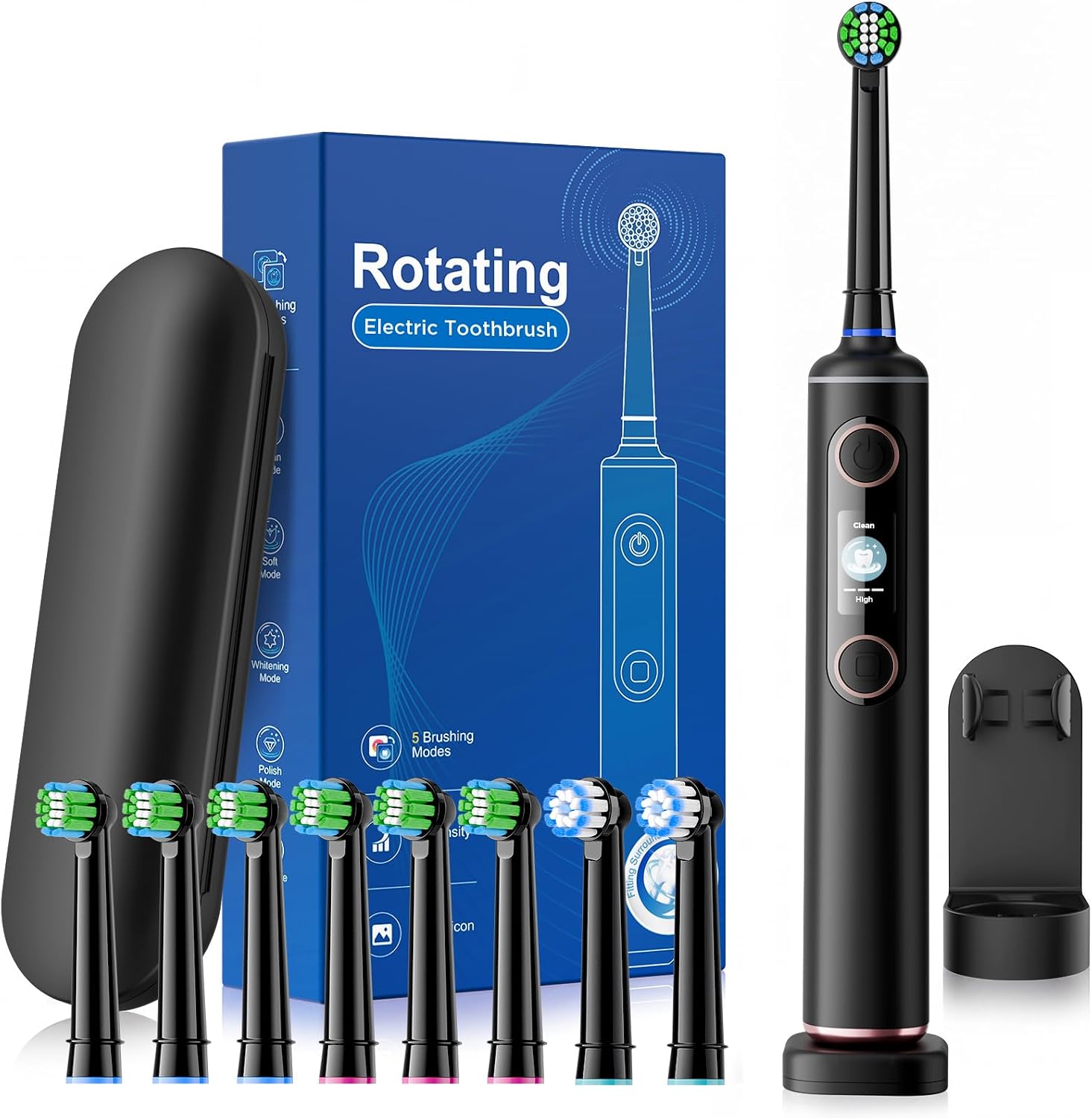 Electric Toothbrush For Adults, 5 Cleaning Modes & 3 Intensity Levels & LED Digital Display, Rechargeable Power Toothbrush With 8 Brush Heads (2 Types) & 2 Min Smart Timer, Travel Case, Black