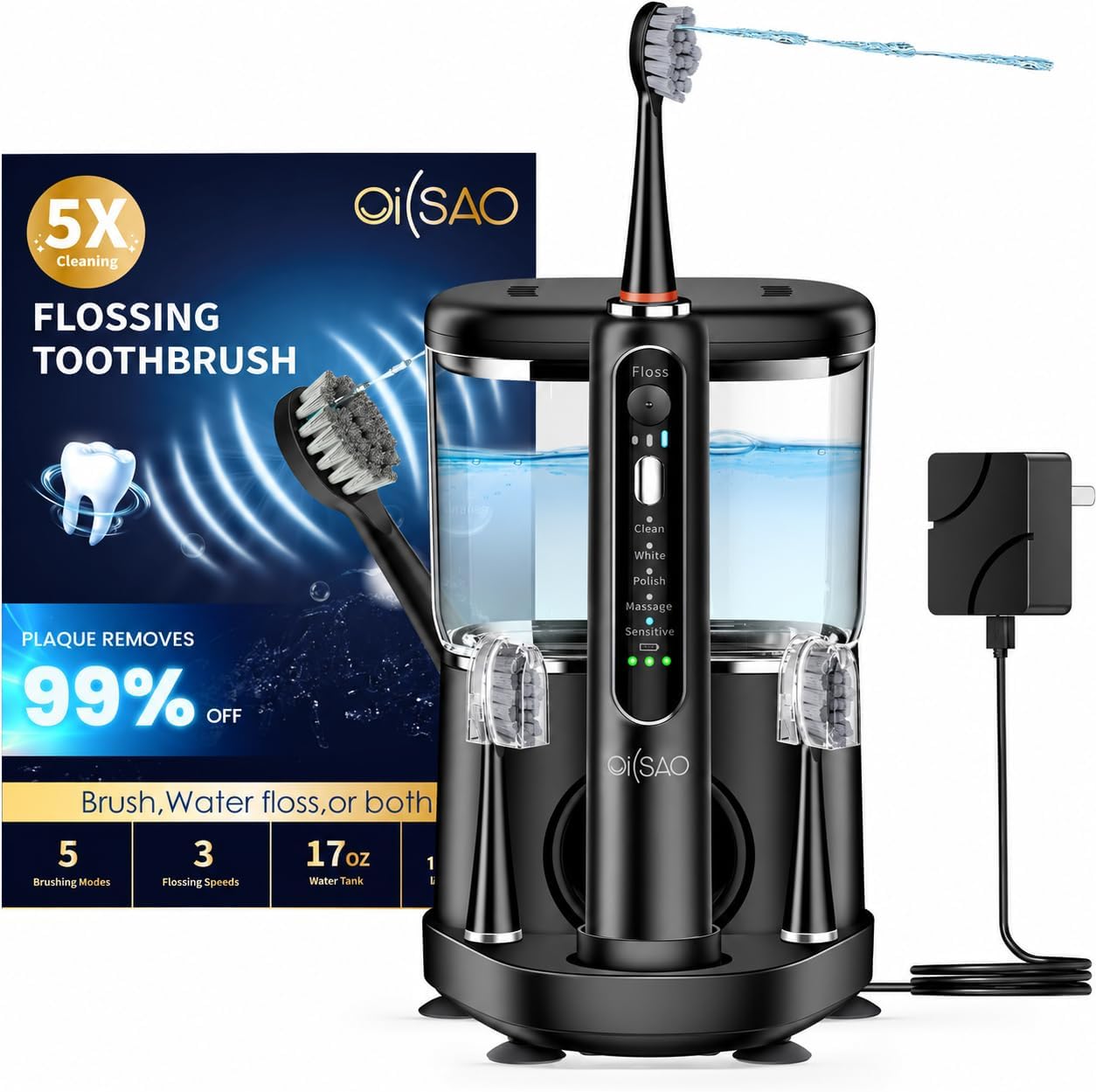 This image helps readers understand the overall form factor and that the product is an all-in-one oral care system, not just a standalone toothbrush.