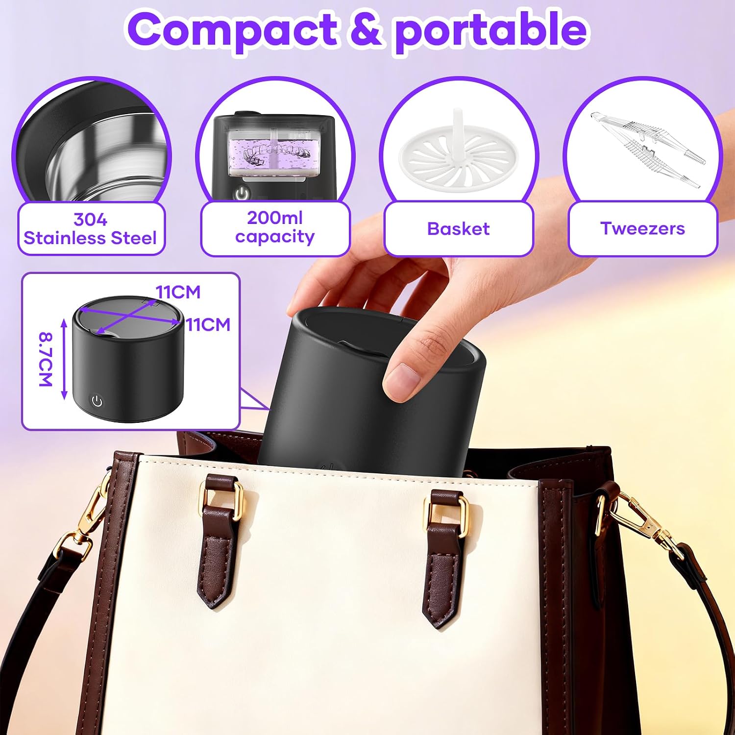 Ultrasonic Retainer Cleaner Machine, 50Khz Ultrasonic Jewelry Cleaner With 3 Modes, Dental Pod For Rings, Toothbrush Heads, Watches, Dentures, Retainers, 200Ml Capacity, 304 Stainless Steel