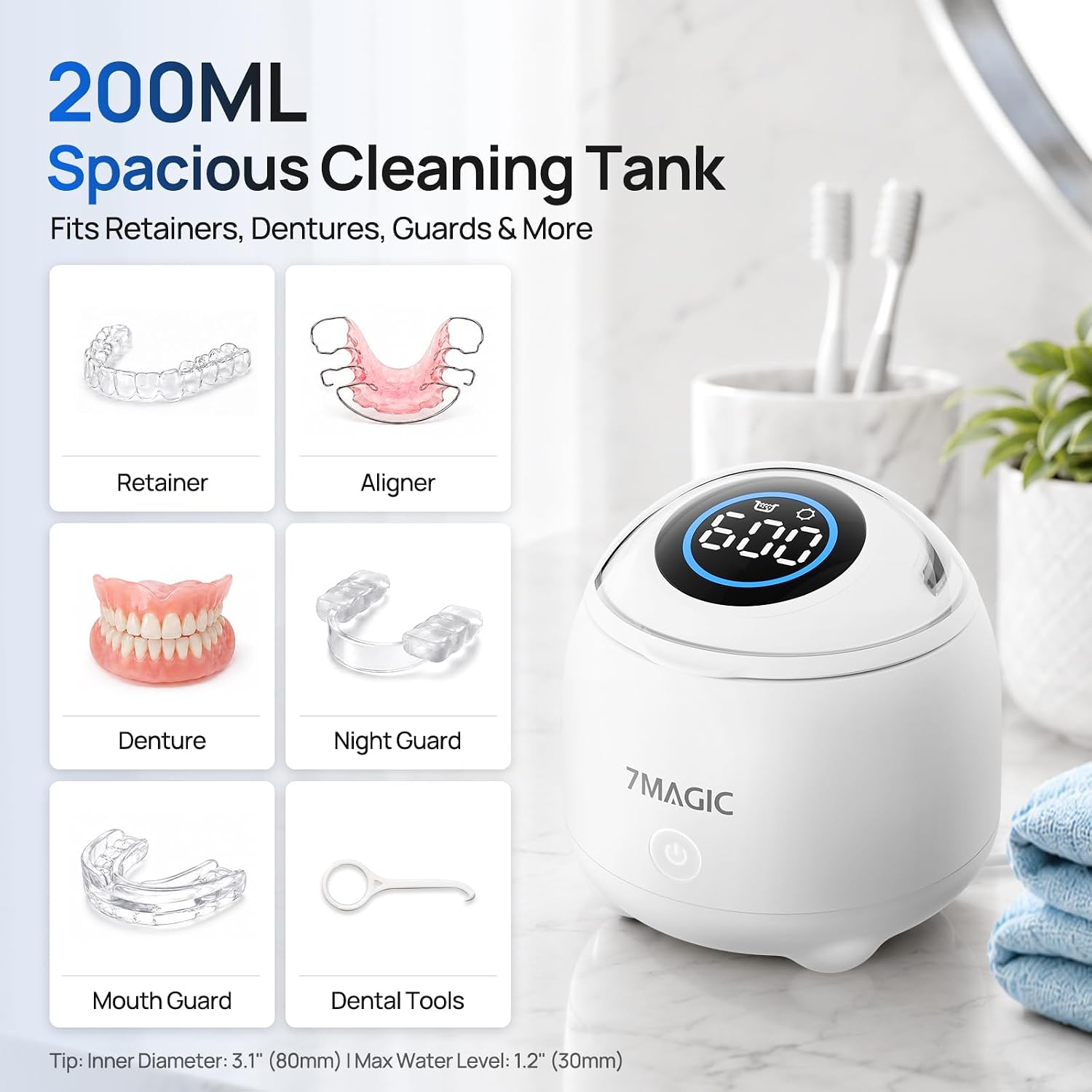 7Magic Ultrasonic Retainer Cleaner Machine, 48Khz, 200 Ml, White