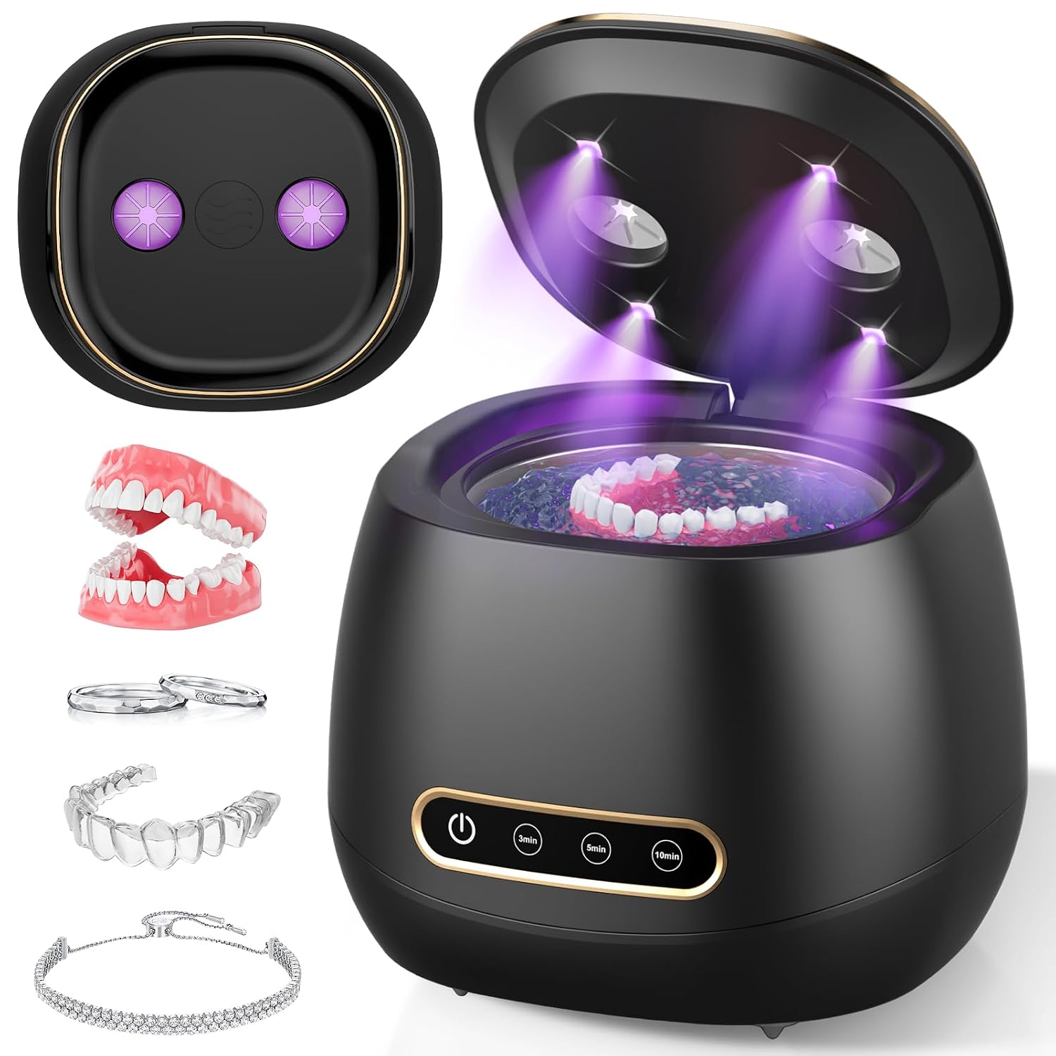 Rechargeable Ultrasonic Retainer Cleaner Machine, 45Khz Portable Cleaner For Dentures, Retainers, Aligners, Night Guards, Braces & Jewelry, 3 Modes, 200Ml Capacity, Black