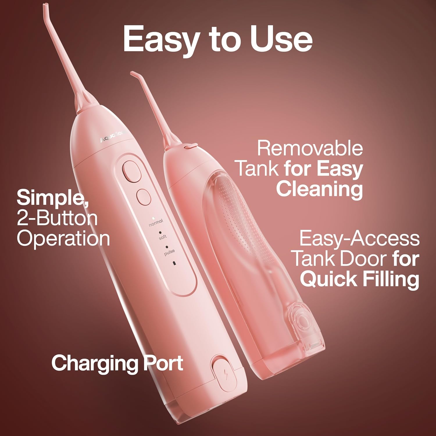 Useful for explaining practical features such as flossing modes, tip connection, or simple operation.