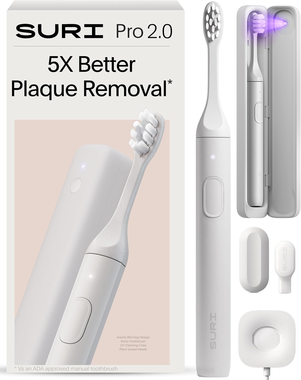 Suri Pro Sonic Electric Toothbrush | Over 4+ Weeks Battery | Uv Cleaning Travel Case | Pressure Sensor | Aluminium Body | 2-Minute Timer | Plant-Based Head | White