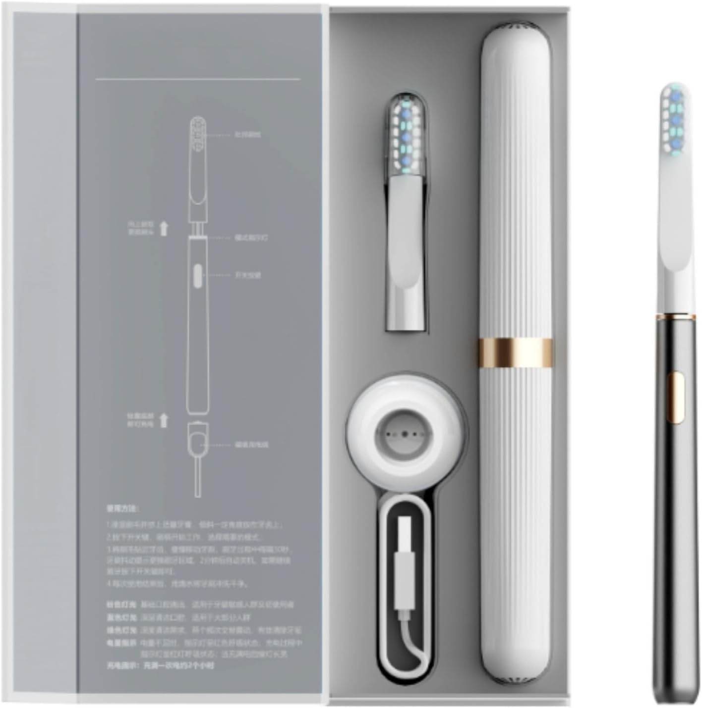 Highlights the overall design, color, slim profile, and premium look of the toothbrush.