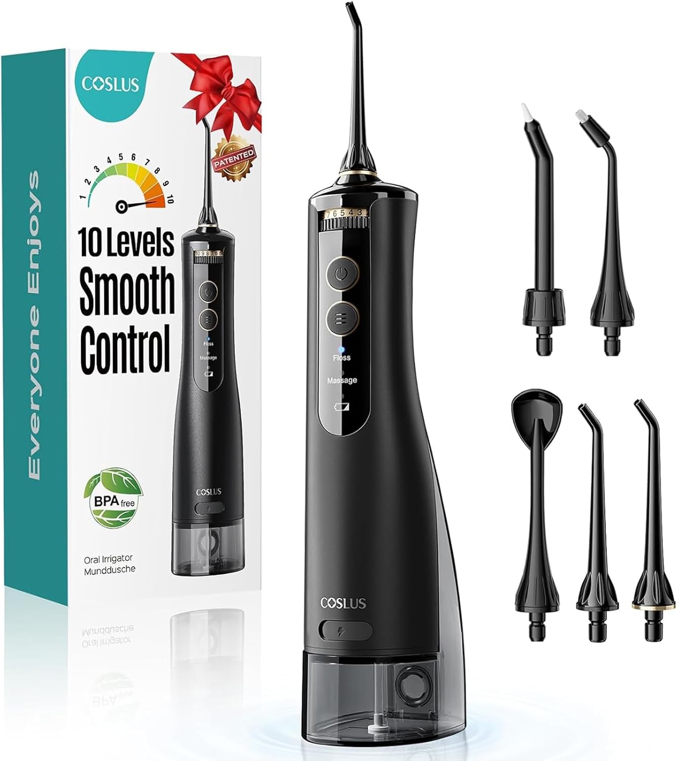 Coslus Ada Accepted E40 Water Dental Flosser, 10 Pressure Levels, Black Pro