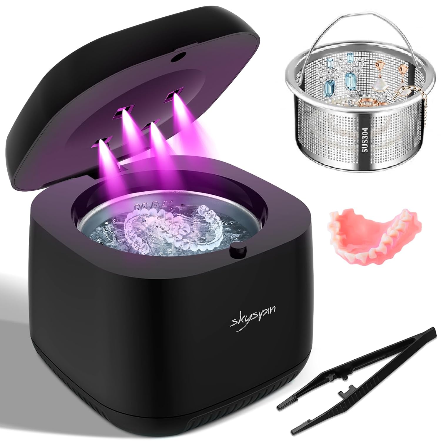Ultrasonic Retainer Cleaner Machine U-V, 45Khz 2 Modes Quiet, Denture Aligner Cleaner Mouth Guard Dental Cleaning Ultrasonic For All Dental Appliances, Jewelry 6.8Oz Black