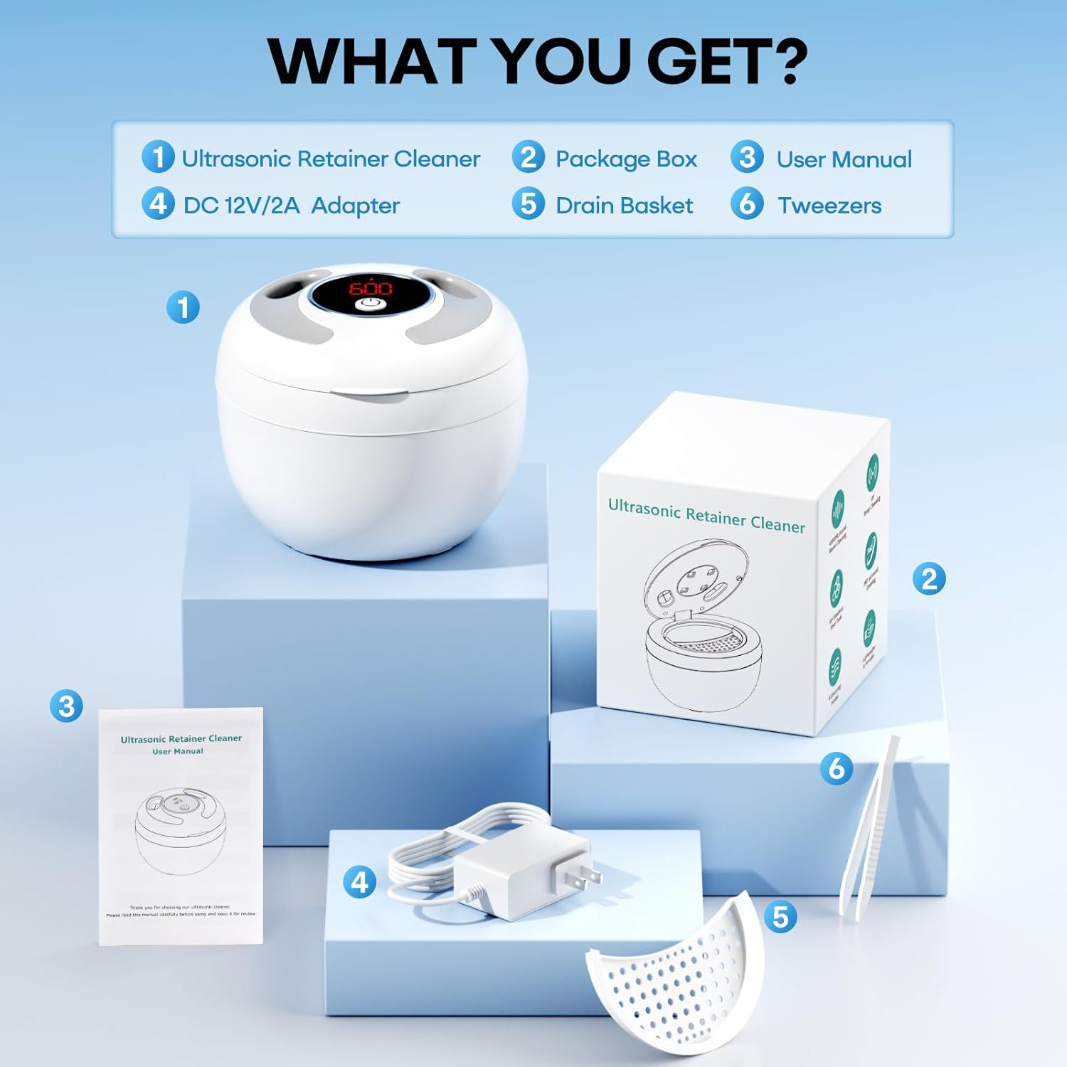 Upgraded Ultrasonic Retainer Cleaner Machine, 45Khz Ultrasonic Dentures Cleaner For Night Guards, Braces, Aligner, Toothbrush, Jewelry And More, 200Ml Capacity, White