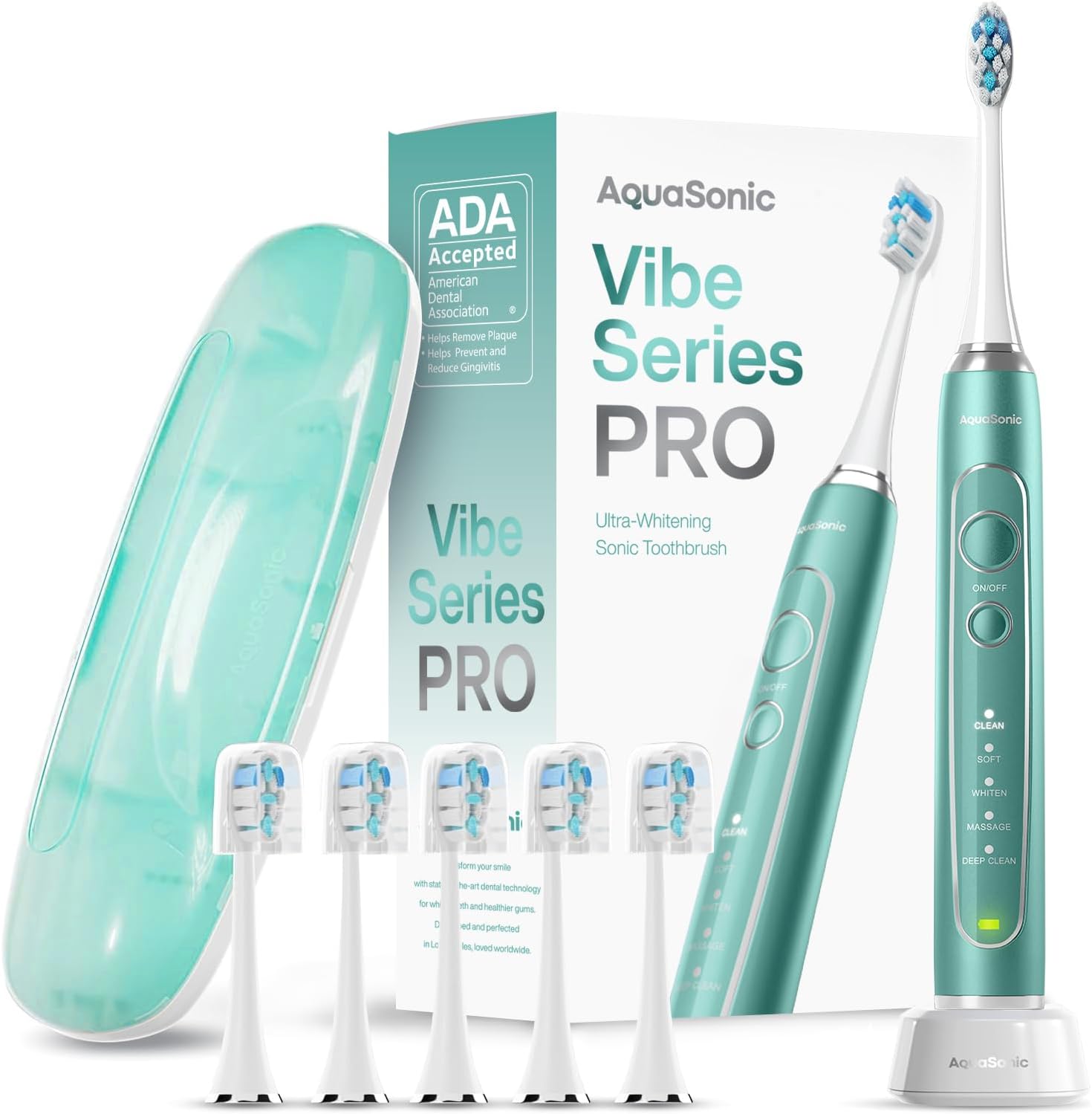 Aquasonic Vibe Series Pro – Ultra-Whitening Electric Toothbrush – 5 Modes & Smart Timers – Premium Travel Case & 6 Proflex Brush Heads – Ada Accepted Toothbrush (Mint Green Metallic)