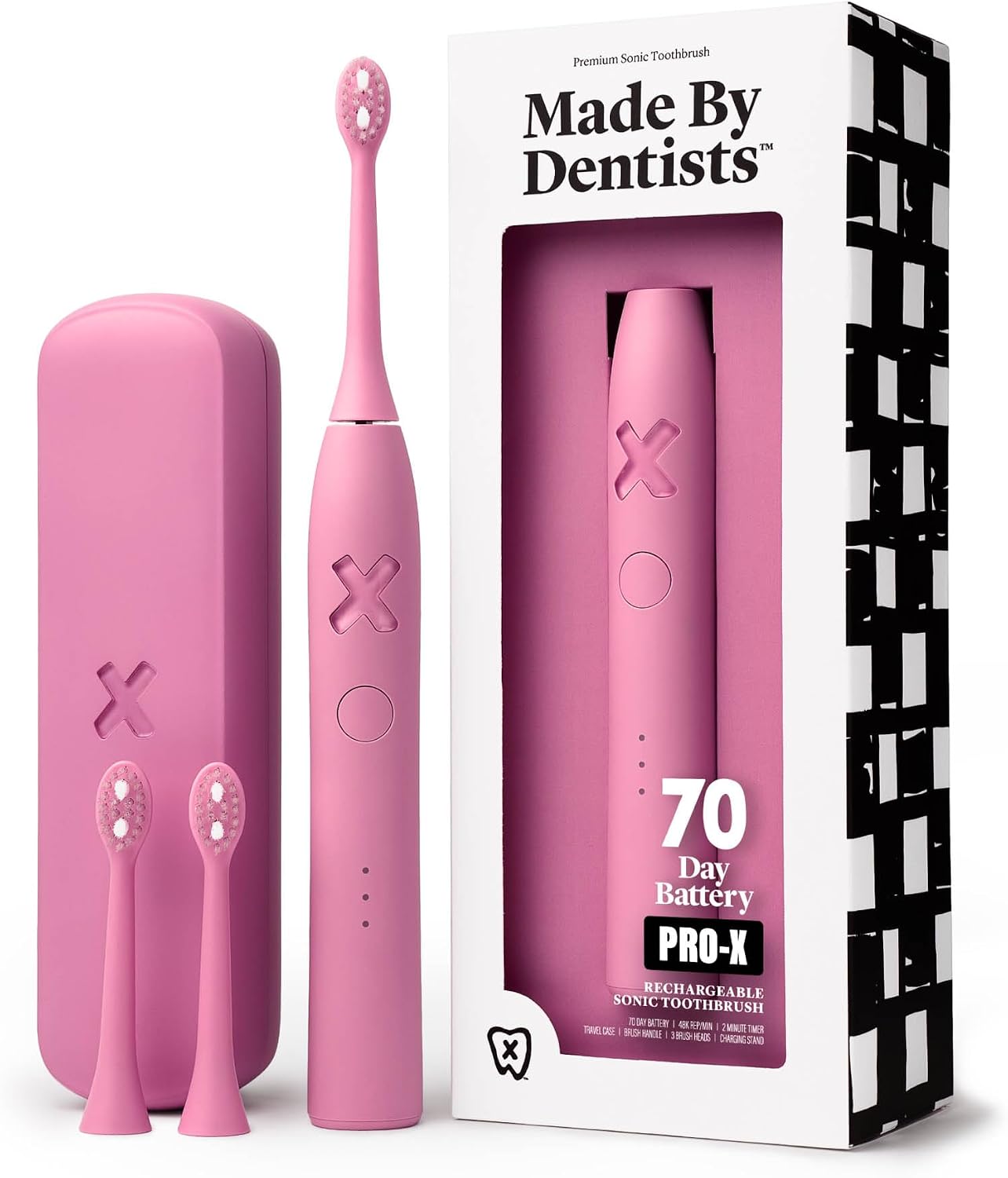 Made By Dentists Pro‑X Sonic Electric Toothbrush For Adults – 70‑Day Battery On One Charge, Dentist‑Designed Whitening Rechargeable Toothbrush, 3 Brush Heads & Travel Case, 3 Modes, Pink