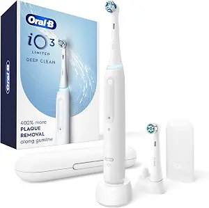 Oral-B Rechargeable Electric Toothbrush, Io3 Limited Deep Clean, 3 Cleaning Modes, Visual Pressure Sensor To Protect Gums, 2 Brush Heads, Travel Case, White