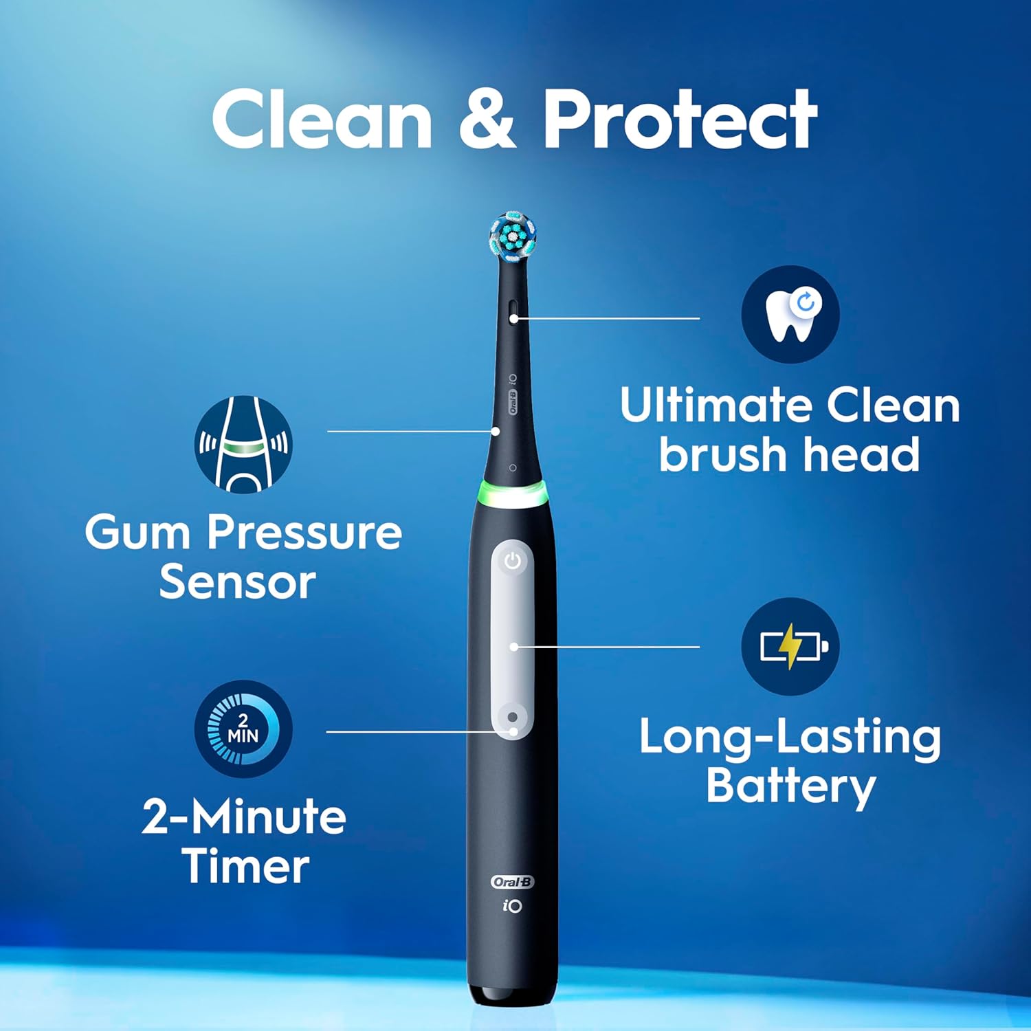 Oral-B Rechargeable Electric Toothbrush, Io3 Limited Deep Clean, 3 Cleaning Modes, Visual Pressure Sensor To Protect Gums, 2 Brush Heads, Travel Case, Icy Blue