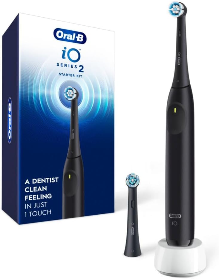 Oral-B Rechargeable Electric Toothbrush, Io2 Starter Kit, 3 Cleaning Modes, Automatic Pressure Sensor To Protect Gums, 2 Brush Heads, Night Black