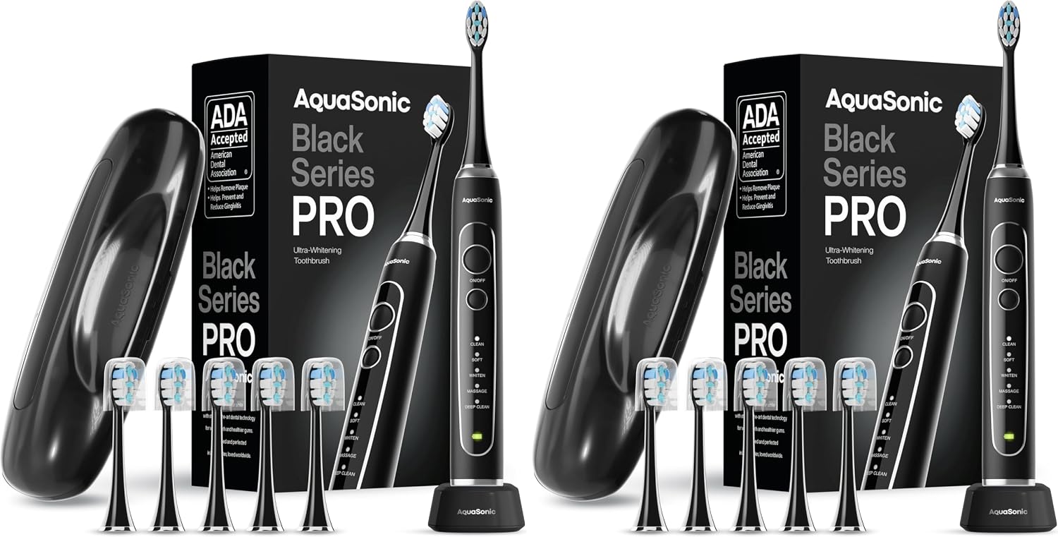 Aquasonic Black Series Pro – Ultra-Whitening Electric Toothbrush – 5 Modes & Smart Timers – Premium Travel Case & 6 Proflex Brush Heads – Ada Accepted Toothbrush (Pack Of 2)